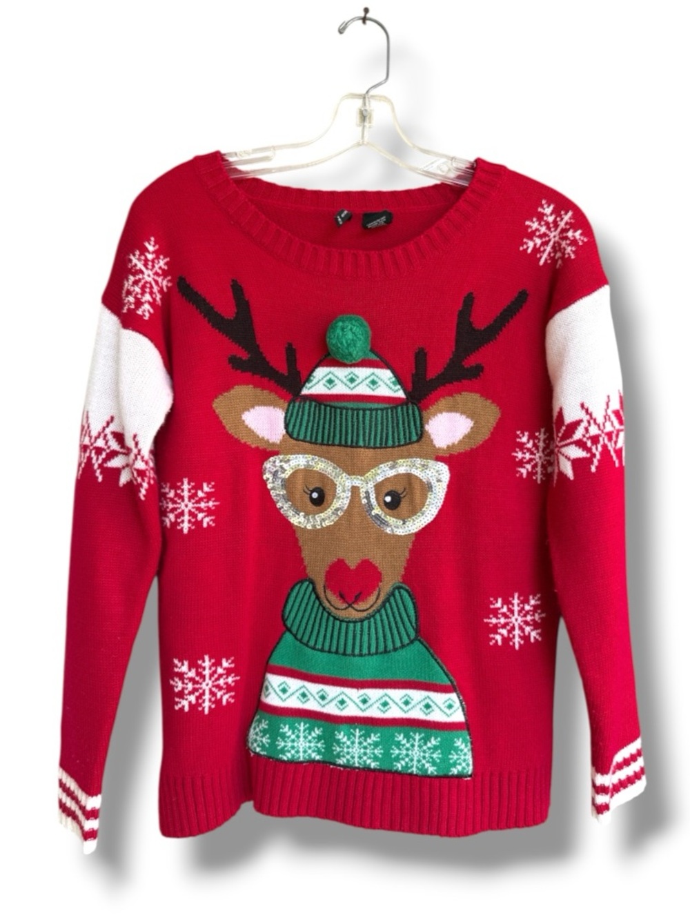 Girly Reindeer W Sequined Glasses Pullover Ugly Christmas Sweater Size PS